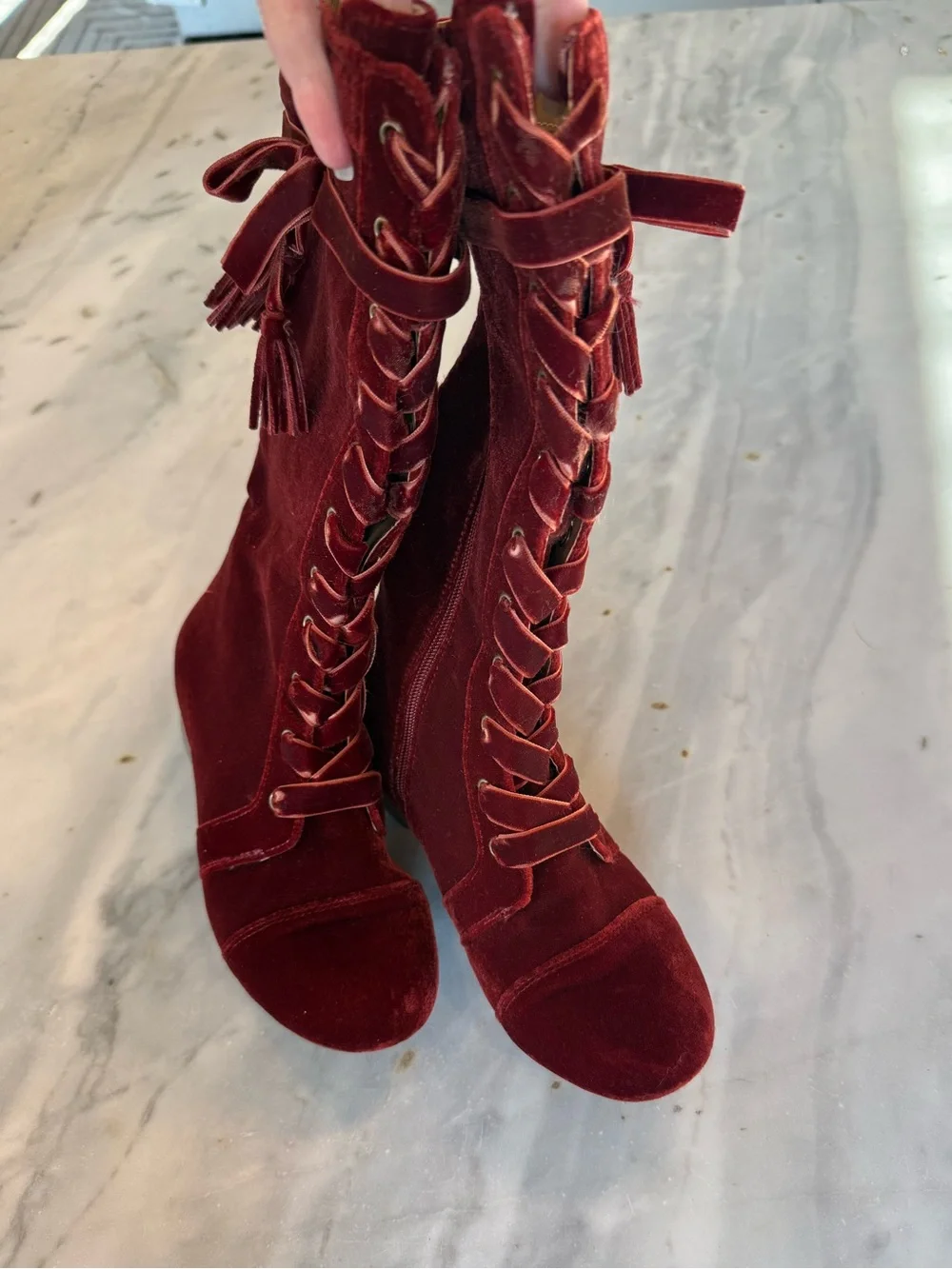 Joyfolie Burgundy Velvet Lace-Up Boots with Tassel